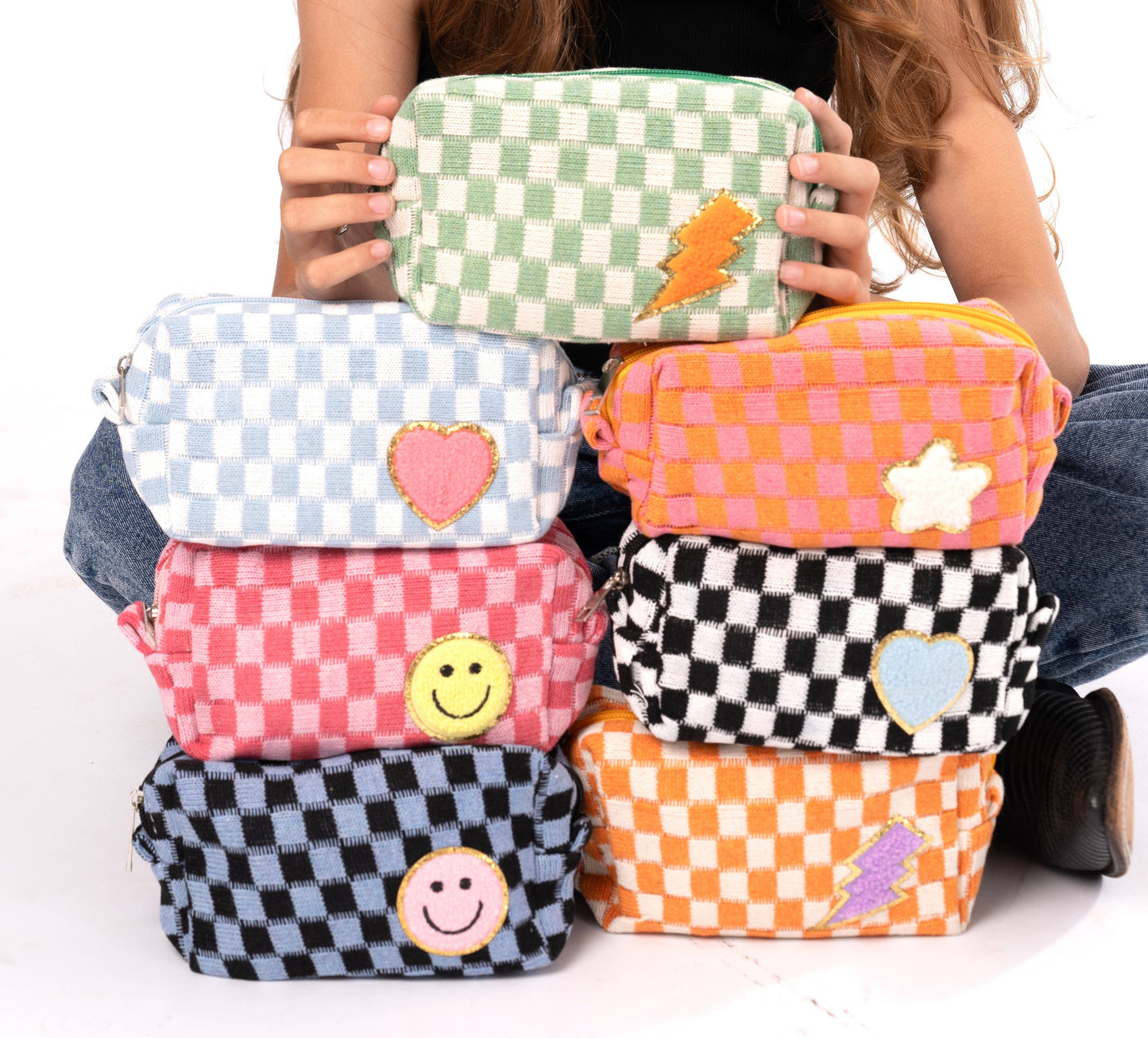 Checkered Cosmetic Bag w/ Glitter Chenile Patches for Tweens: Black/White