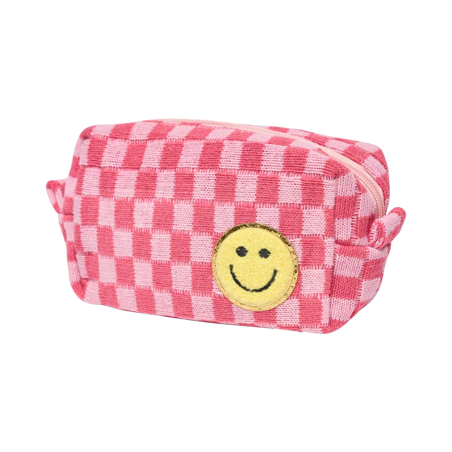 Checkered Cosmetic Bag w/ Glitter Chenile Patches for Tweens: Pink/Dark Pink