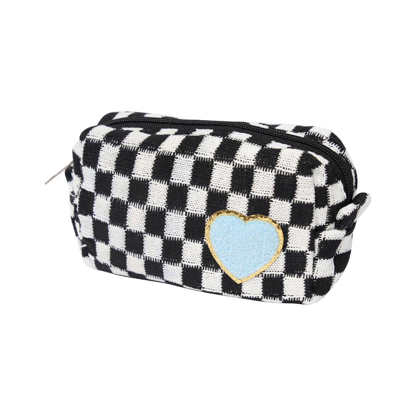 Checkered Cosmetic Bag w/ Glitter Chenile Patches for Tweens: Black/White