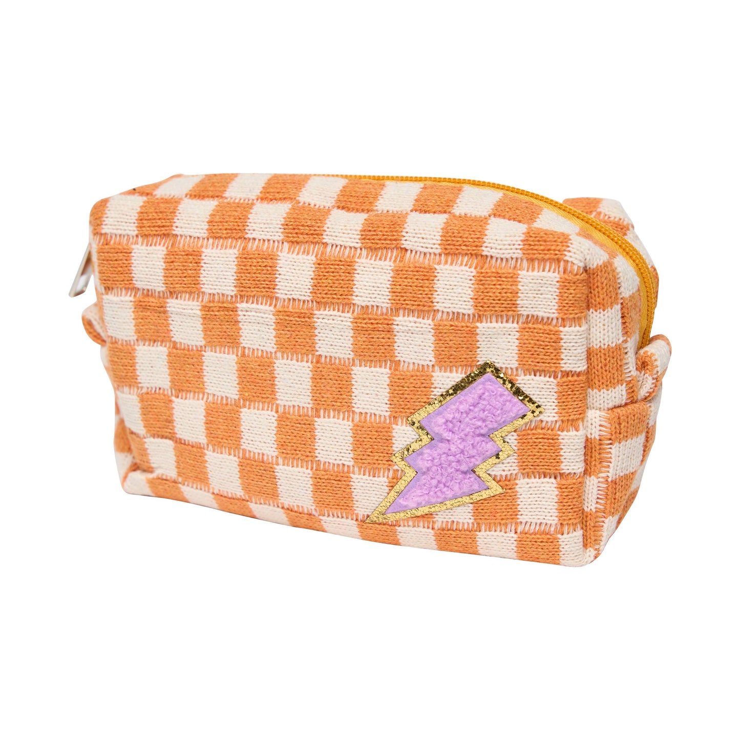 Checkered Cosmetic Bag w/ Glitter Chenile Patches for Tweens: Orange/White